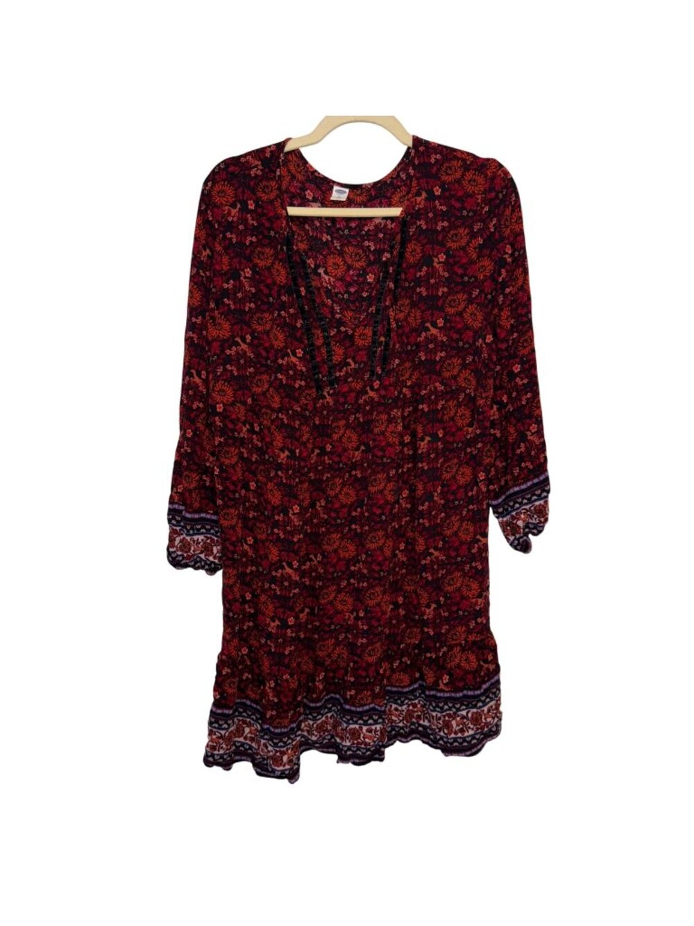 Old Navy Womens Floral Boho Tunic Dress XL Red & Black Long Sleeve